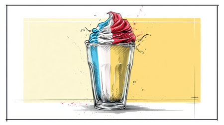 A delightful milkshake in a clear glass features colorful whipped cream on top, set against a vivid, minimal background, enhancing its charm.の素材