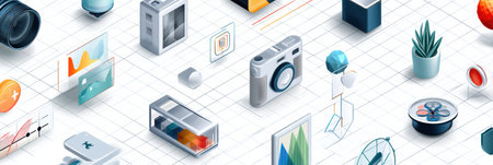 A grid showcases isometric icons of digital symbols, emphasizing technology and design principles.の素材