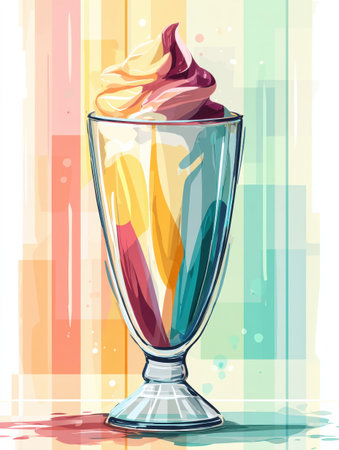 Milkshake glass filled with multi-colored whipped topping sits against a pastel backdrop, capturing the essence of a refreshing treat in a modern style.の素材