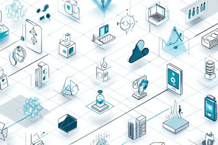 Isometric icons and digital symbols on a clear grid, highlighting modern design elements for diverse digital projects.の素材