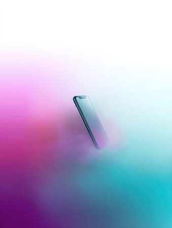 Smartphone hovers in vibrant gradient fog, creating a surreal and dreamy atmosphere that blends technology with artistic visualization, capturing attention.の素材