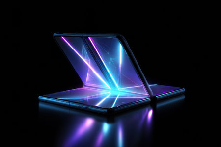 A foldable smartphone opens to reveal a dazzling neon display, showcasing vibrant colors and luminous lines against a dark background, highlighting innovation.の素材