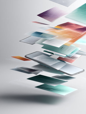 Floating user interface cards move above a smartphone, captured with motion blur to emphasize the sleekness and innovation of digital interaction and design.の素材