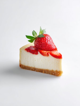 A minimal cheesecake with a glossy strawberry topping, showcased on a white surface with soft shadows, perfect for dessert lovers.の素材