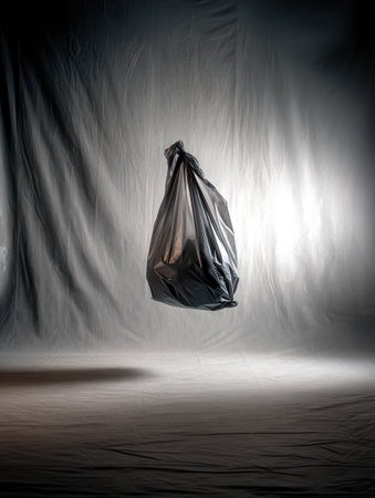 A black garbage bag appears to float in a stylized studio environment, illuminated by dramatic lighting and set against a neutral backdrop.の素材