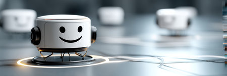 A floating robotic assistant with a smiling face and a hovering screen moves around a sleek, modern workspace, enhancing productivity during the day.の素材
