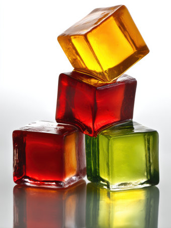 Four vibrant jelly cubes in red, orange, and green shades are stacked, radiating a luminous glow against a pure white background, creating an appealing visual.の素材