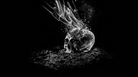 Cigarette ash forms a melting skull, evoking themes of mortality and decay in a dark surrealist composition that captures the ephemeral nature of existenceの素材