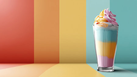 Sipping on a beautifully layered milkshake with vibrant whipped topping, set against a strikingly minimalistic backdrop of pastel colors.の素材