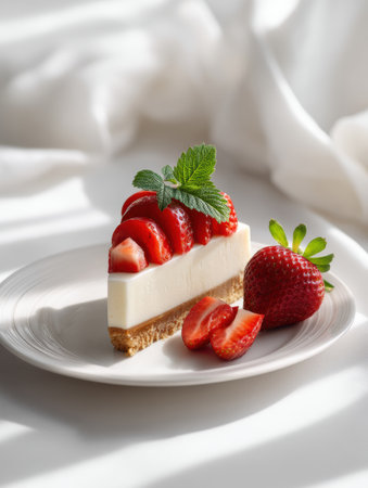 A slice of minimal cheesecake is beautifully presented with fresh strawberries and mint leaves on a plate, set against a softly lit white background.の素材