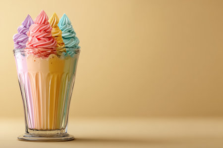A milkshake glass showcases colorful whipped topping against a simple backdrop, highlighting this delightful dessert artistically.の素材