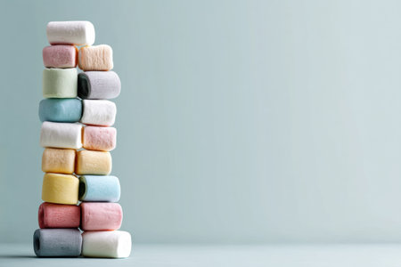 A colorful arrangement of marshmallows forms a tall tower against a soft background, highlighting the texture and hues of this delightful confectionery.の素材
