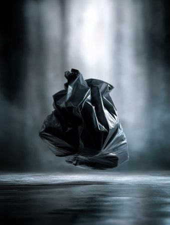 A garbage bag appears to float in a modern studio, illuminated by abstract lighting that enhances its texture and contrasts, creating a striking visual.の素材