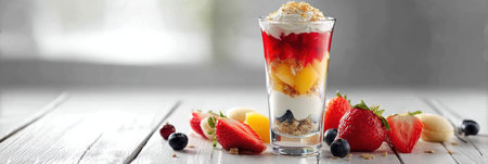 Layered parfait features creamy textures, vibrant fruits, and crunchy elements, beautifully arranged in a glass on a clean, white tabletop.の素材