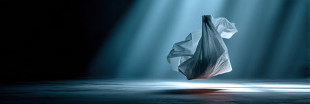 A garbage bag levitates in an abstract studio setting illuminated by dramatic light, creating a striking contrast against the dark background.の素材