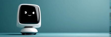 A cheerful floating robot hovers in a modern workspace, displaying a vibrant screen and brightening the atmosphere.の素材