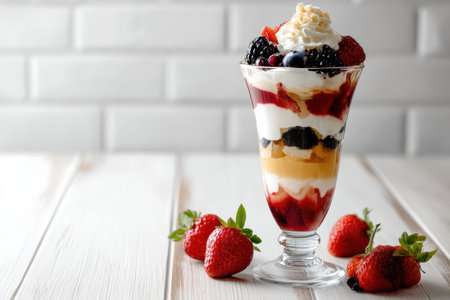 Delicious layered parfait served in a clear glass showcases vibrant fruits and creamy layers against a clean white tabletop background.の素材