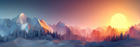 This artwork features a low poly digital landscape showcasing mountains bathed in soft lighting.の素材