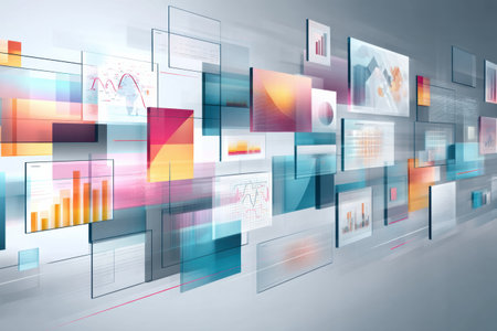 A marketing dashboard floats in the air, displaying vibrant graphs, charts, and analytics, demonstrating a futuristic approach to data visualization.の素材