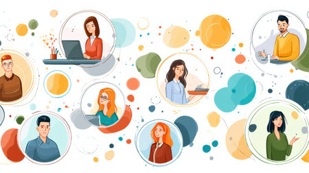 Diverse remote team members interact in a colorful circular layout, highlighting collaboration, creativity, and teamwork in a productive atmosphereの素材