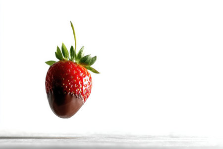 A strawberry dipped in chocolate is suspended in mid-air, showing its vibrant red color and glossy coating in a bright, high-key environment.の素材