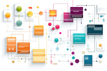 Colorful flowchart shapes and connections on a clean white background, perfect for visual data presentations and info graphics.の素材