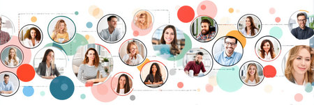 Team members engage in virtual collaboration, showing a colorful circular arrangement that emphasizes unity and diversity in a remote work settingの素材