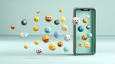 Colorful 3D emoji icons are floating out from a smartphone screen, showcasing a playful and lively interaction in a minimalist setting.の素材