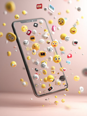 Joyful 3D emojis spring from a smartphone screen, showcasing a dynamic display of emotions and symbols in a fun, digital interaction environment.の素材
