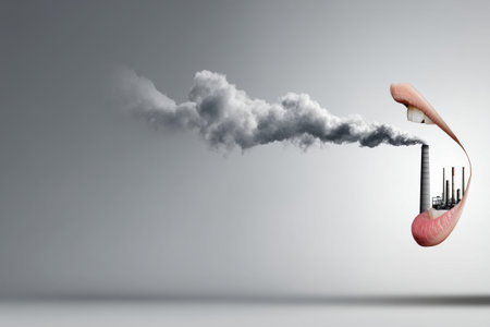 A mouth morphs into an industrial chimney, emitting smoke into the air, symbolizing the relationship between human habits and environmental pollution.の素材