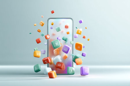 A stylized smartphone stands at the center, with a dynamic explosion of colorful icons and notifications bursting outward, creating a lively atmosphere.の素材
