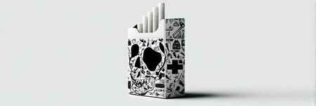 Cigarette pack designed with a skull motif and health icons in disarray, emphasizing the dangers of smoking in a modern context.の素材