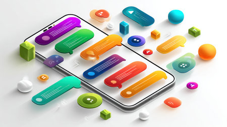 Smartphone showcases a vibrant chat interface filled with colorful message bubbles, highlighting an engaging conversation in a contemporary digital environment.の素材