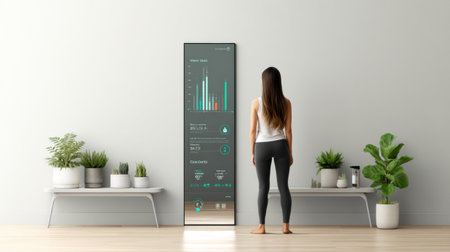 User interacts with a smart mirror featuring wellness stats and facial recognition in a contemporary room with plants and minimal decor.の素材