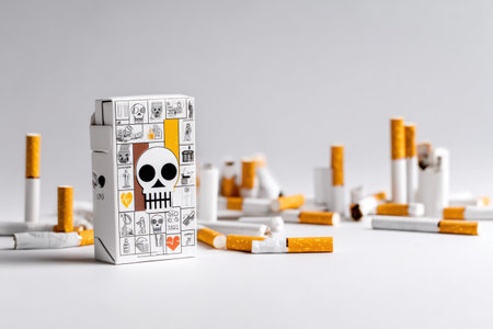 A cigarette pack designed with a skull motif stands among scattered cigarettes, symbolizing the harmful effects of smoking.の素材