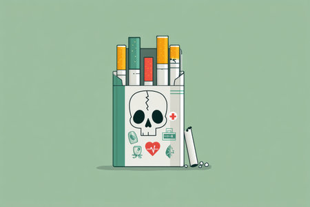 A unique cigarette pack shaped like a skull features broken health icons, emphasizing the risks associated with smoking in a minimalist style.の素材