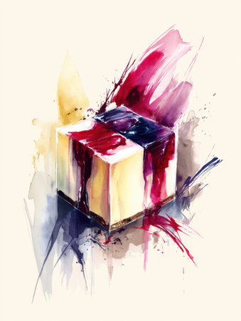 This cheesecake cube showcases a smooth texture, elegantly topped with striking berry sauce, creating an artistic dessert experience perfect for any gathering.の素材