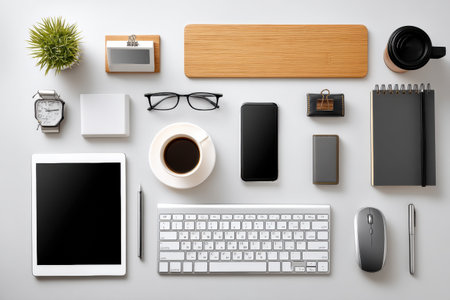 Minimal workspace displays an ergonomic layout with essential productivity items like a keyboard, tablet, coffee, and organizational tools for enhanced focus.の素材