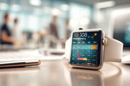 A smartwatch shows a meeting reminder on its calendar while an office environment with colleagues is softly blurred in the background.の素材