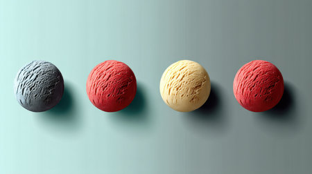 Three colorful ice cream scoops lined up symmetrically showcase a balance of flavors with a clean and minimalist presentation on a soft backdrop.の素材