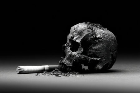 A skull formed from cigarette ash melts into a dark background, highlighting themes of decay and the destructive nature of smoking in a surreal composition.の素材
