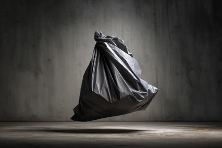 A garbage bag hovers in an abstract studio setting, illuminated by dramatic lighting that creates a striking contrast against the dark background.の素材