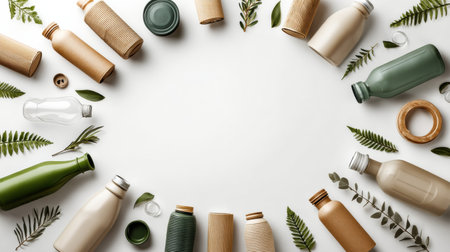 Various recyclable items create a circular arrangement around a central blank space, promoting eco-conscious living and sustainability in daily habits.の素材