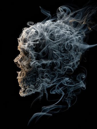 An elaborate skull design merges smoke and cigarette curls, showing a striking contrast against a dark background in a detailed and realistic manner.の素材