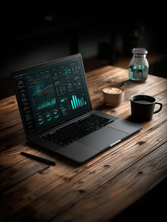 An open laptop illuminates a dark workspace with a dashboard user interface while a cup of coffee and a water bottle are nearby.の素材