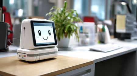 A friendly robotic assistant with a smiling interface is stationed on a desk in a contemporary office, ready to assist with tasks and communication.の素材