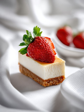 A delicate slice of cheesecake rests elegantly on a white surface, adorned with a glossy strawberry, casting soft shadows that enhance its aesthetic appeal.の素材