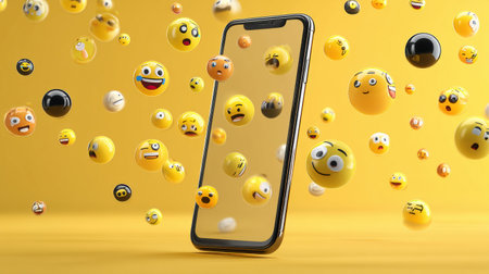 A smartphone displays various 3D emoji icons that appear to float out of the screen, creating a vibrant and playful atmosphere with a cheerful yellow backdrop.の素材