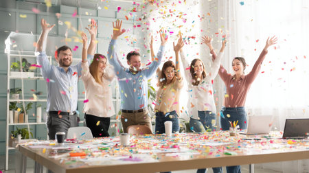 Excited team members raise their hands in celebration while colorful confetti falls in a spacious, well-lit office, marking a successful project completion.の素材