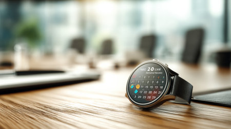 A smartwatch shows a calendar meeting reminder while resting on a wooden table in an office environment with blurred office elements in the background.の素材